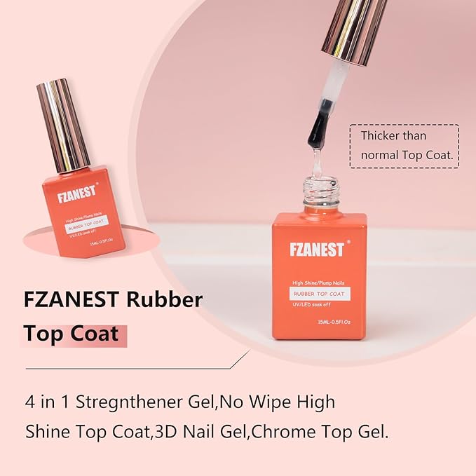 FZANEST Rubber Gel Top Coat Gel Nail Polish 15ML Ultra Shine No Wipe Thick 3D Nail Art Top Finish For Nail Strengthen Enhanced Plumping