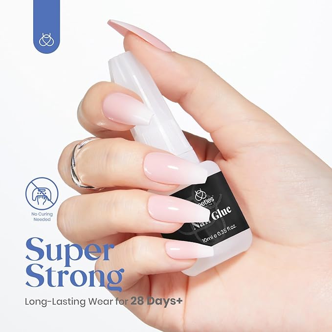 Beetles Press On Nail Glue Quick-Drying 10ml Super Strong Nail Glue, Brush on Glue for Acrylic & Fake Nails, No Uv Light Needed, Long Lasting Christmas Nails, DIY Home Manicure