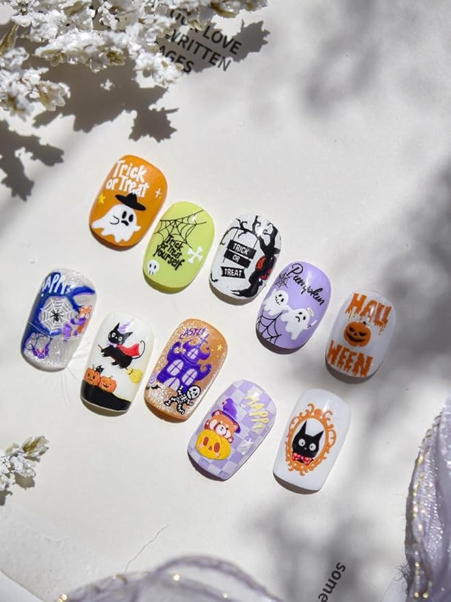 Halloween Nail Stickers 5D Embossed - Self-Adhesive Nail Art with Cute Ghosts, Pumpkins, Cats, Haunted Houses. Easy to Apply, Long Lasting, Perfect for DIY Manicure, Trick or Treat, Home or Salon