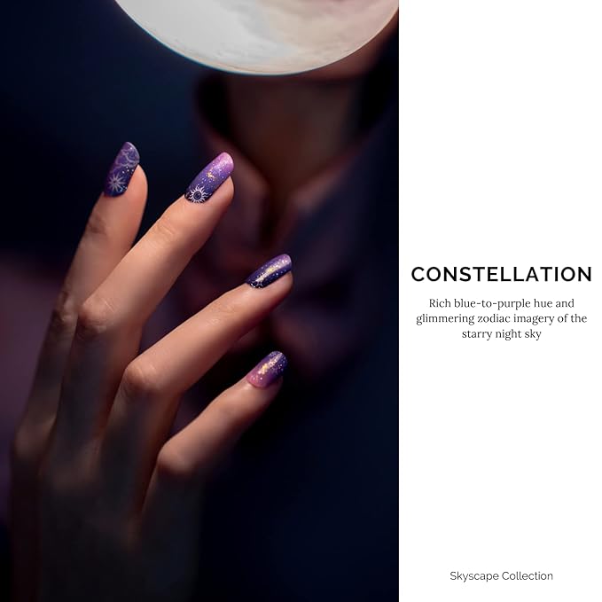Nailog Semi Cured Gel Nail Strips 34 pcs | Long Lasting Nail Polish Sticker Wraps with Glossy Gel Finish | Constellation