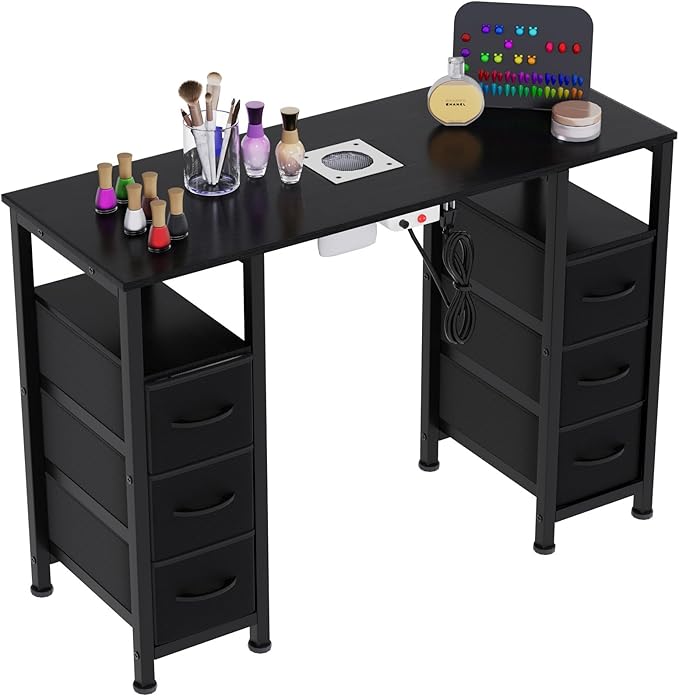 Manicure Table Nail Desk for Nail Tech, Nail Beauty Table w/Electric Dust Collector & 6 Storage Drawers & Open Shelves for Home, Workshop, Makeup Beauty Salon Workstation