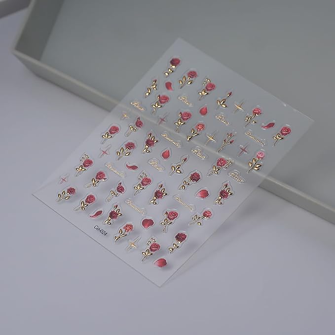 5D Embossed Rose Nail Stickers Flower Nail Art Sticker Valentine's Nail Art Supplies Spring Rose Flower Retro Gold Design Floral Nail Adhesive Sticker for Women Manicure Decoration Accessories