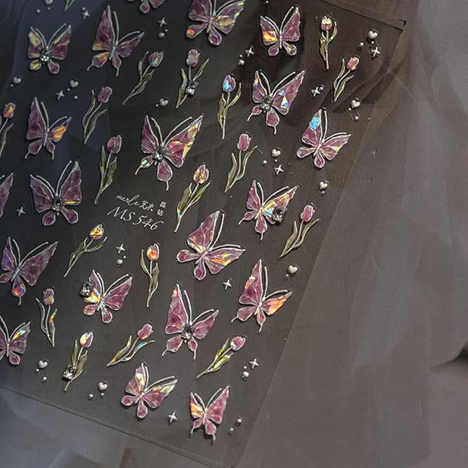 Butterfly Nail Art Stickers Decals Pink Butterfly 5D Embossed Nail Decals Tulip Butterfly Nail Charms Designs Adhesive Sticker Manicure Accessories for Women Girls DIY Nail Art Decorations Supplies