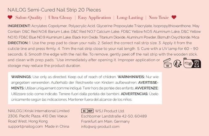 NAILOG Semi Cured Gel Nail Strips, 20 Pcs Pink Flowers Long Lasting Stickers Extra Long Nail Wraps with Glossy Gel Finishing for Spring Summer, Season