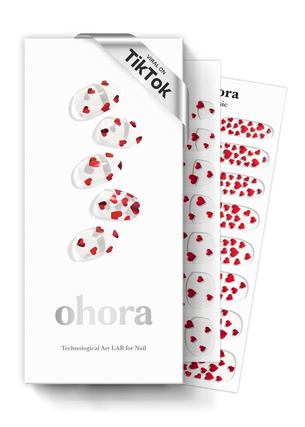 ohora Semi Cured Gel Nail Strips (N Be My Valentine) - Red, Pattern, Works with Any UV/LED Lamps, Salon-Quality, Long Lasting, Easy to Apply & Remove - Includes 2 Prep Pads, Nail File & Wooden Stick