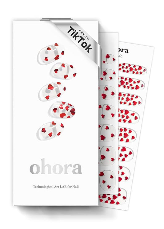 ohora Semi Cured Gel Nail Strips (N Be My Valentine) - Red, Pattern, Works with Any UV/LED Lamps, Salon-Quality, Long Lasting, Easy to Apply & Remove - Includes 2 Prep Pads, Nail File & Wooden Stick
