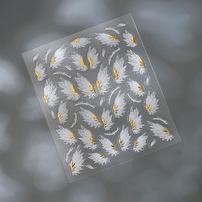 2PCS Angel Wings Nail Art Stickers, White and Gold, 5D Embossed Self-Adhesive Holographic Metal Manicure Decorations for Women