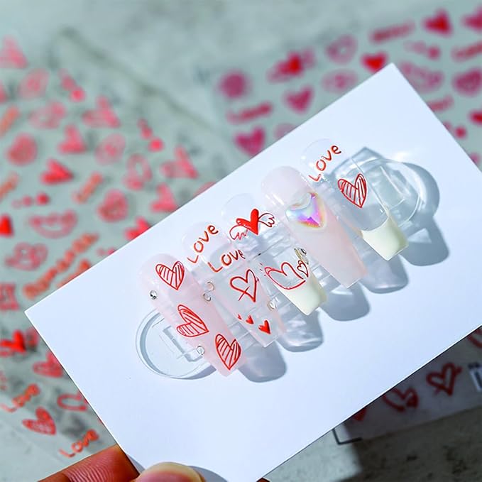 8 Sheets Valentines Nail Art Sticker Red Romantic Heart Nail Decals Personalized Bow Nail Design Stickers Love Letter False Nails Valentines Nail Design Stickers Glossy Nail Art Supplies for Women