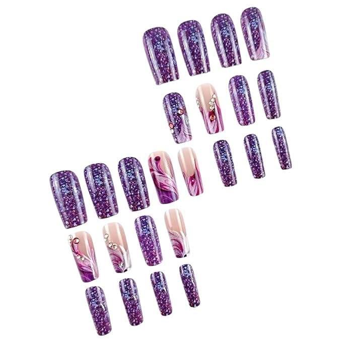 Purple French Manicure Press-On Medium Coffin False Nails Powder Purple Gradient with Rhinestone Design Glitter Shiny Full Cover Glue Nails for Women Girls Nail Art Set 24pcs