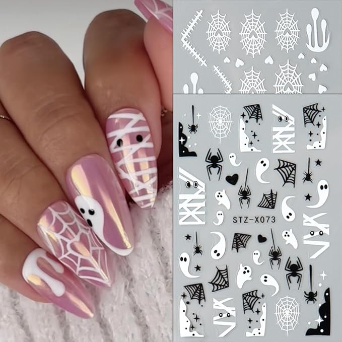 6Pcs Halloween Nail Stickers 3D Spider Web Nail Decals DIY Self Adhesive Ghost Cobweb Nail Design Halloween Nail Decoration Supplies Holiday Manicure Accessories for Women Girls