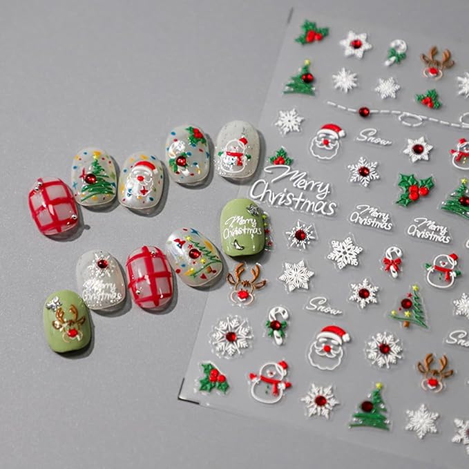 5D Christmas Nail Art Stickers Embossed Snowflakes Nail Stickers Christmas Tree Santa Claus Elk Winter Holiday Nail Design Xmas Nail Decals Nail Art Supplies for Christmas Nails DIY Manicure