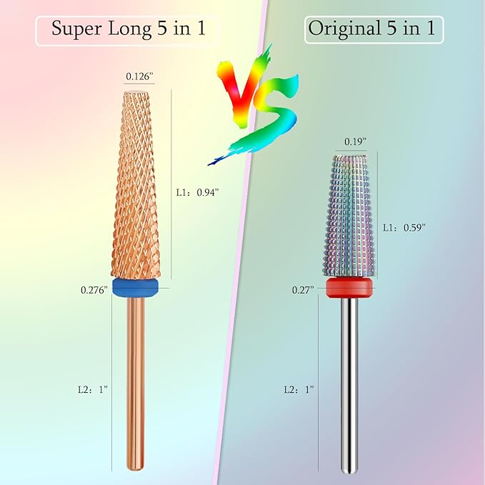 Super Long 5 in 1 Nail Drill Bits, Professional 3/32'' Carbide Tungsten Two Way Rotary Nail Cleaner Nail Bits, Suitable for Manicure Pedicure Cuticle Gel Polishing Acrylic Nails (Rose Gold, Medium-M)