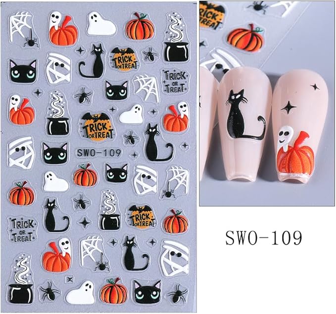 2 Sheets Halloween Nail Stickers for Nail Art, 5D Embossed Self-Adhesive Pumkin Cat Spider Web Nail Decals, Ghost Nail Supplies Nail Art Design Accessories for Women and Girls Manicure DIY Decoration