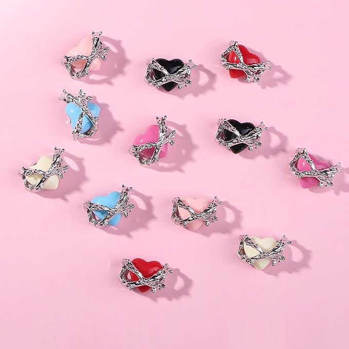 12Pcs 3D Heart Nail Charms Supplies Alloy Valentines Nail Charms Decoration Colorful Heart Charms for Nails Valentines Day Nail Charms with Design Valentines Nail Jewelry Gems Accessories