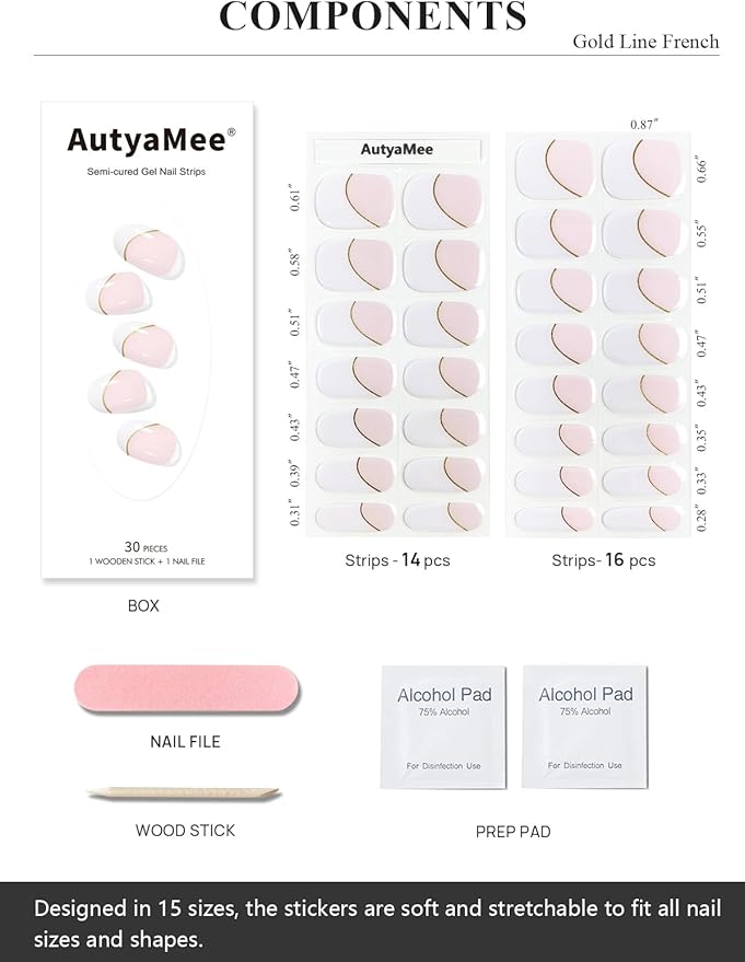 Semi Cured Gel Nail Strips (Gold Line French), White, 30 Pcs Gel Nail Wraps, Stickers, UV Light Required