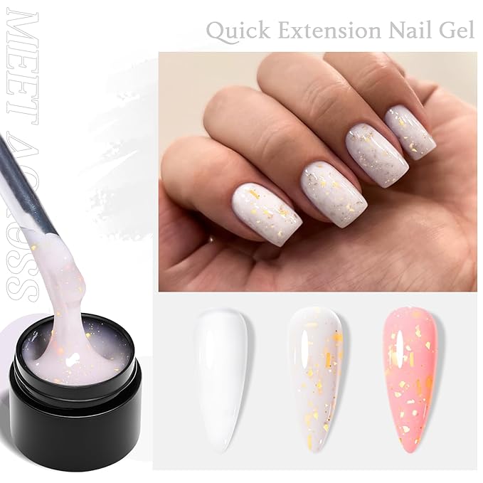 MEET ACROSS Poly Nail Gel 8Pcs Nail Extension Gel Set and Nail Extension Starter Kit for Beginners Nail Art DIY Home Gifts for Women (White + Gold Foil, 8pcs)