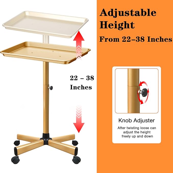 Salon Tray, Gold Salon Rolling Tray, Height-Adjustable, Also Use as Tattoo Tray and Dental Tray（Golden）
