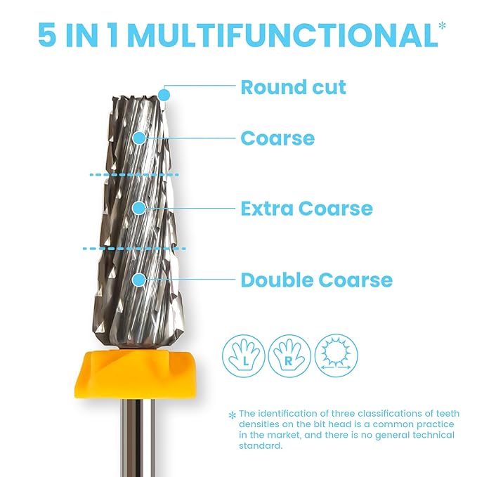 16mm 5 in 1 Tapered Barrel Nail Drill Bits, 3/32'' Safety Tungsten Carbide Bits, Right & Left Rotation, Manicure Cuticle Gel Acrylic Removal Polishing, Technicians Bits, Double Coarse.
