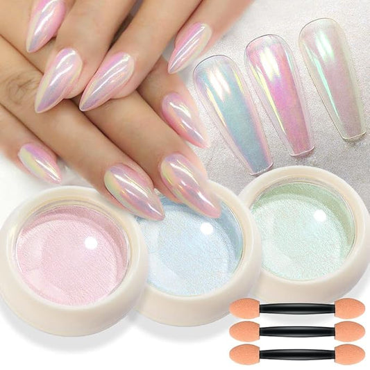 evpct 3Pcs Chrome Nail Powder Kit for Nails Polish Blue Pink Green Pearl Mermaid Rainbow Holographic Iridescent Chameleon Metallic Neon Pigment Mirror Chrome Nail Powder for Gel Nails Glitter