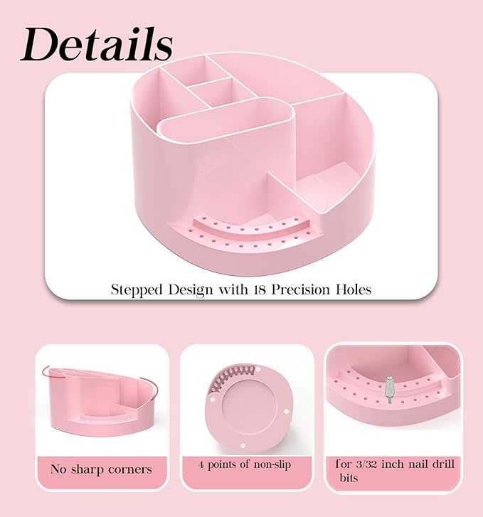 Nail Drill Holder 18 Hole Nail Drill Bit Holder Nail Organizer Professional Stand with 8 Compartments for Nail Tech Tools (Tools not included)