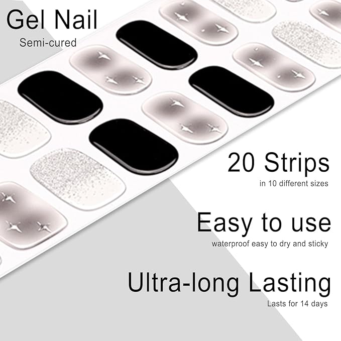 20pcs Semi Cured Gel Nail Strips, Real Nail Polish Art Stickers, Dark Star Gel Nail Stickers - Work with Any UV Lamp, Long Lasting Full Wraps with Nails File and Stick
