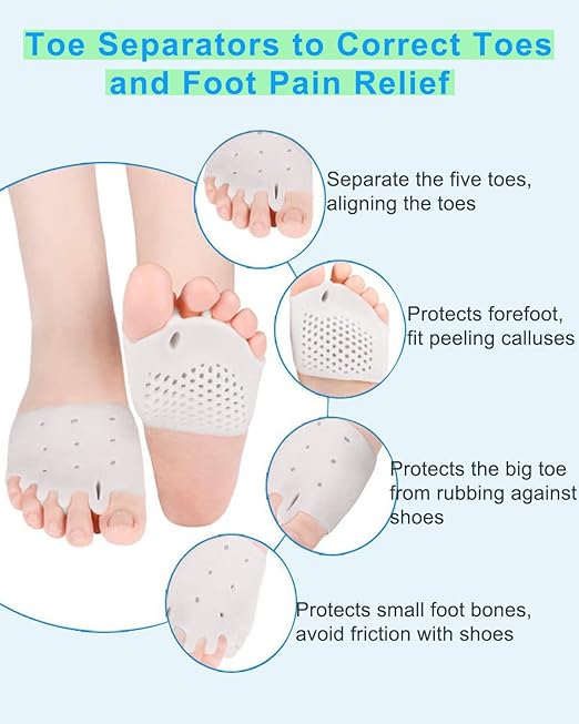 4 Pairs Metatarsal Gel Pads Toe Spacers Separators to Correct Bunions, Forefoot Pads, Hammertoe Corrector Big Toe Straighteners for Women Men Foot Pain Relief