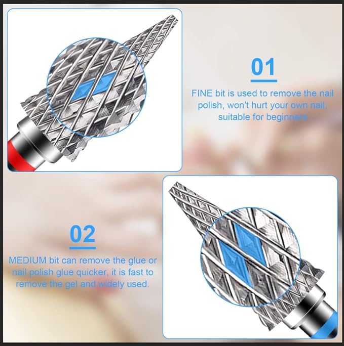 Diesisa 2 Pack Nail Drill Bits for Acrylic Nails, 3/32" Shank Drill Bits for Nails Professional Electric Nail Drill Bits for Home Salon/Fine+Medium Nail Bits - Nib
