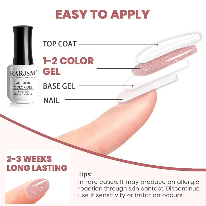 RARJSM Nail Polish Nude Glitter Rose Pink Jelly Shimmery Iridescent Rainbow Pigments Sparkly Red Pink Translucent Natural Gel Polish Soak off UV LED Cured 15ml Single Bottle
