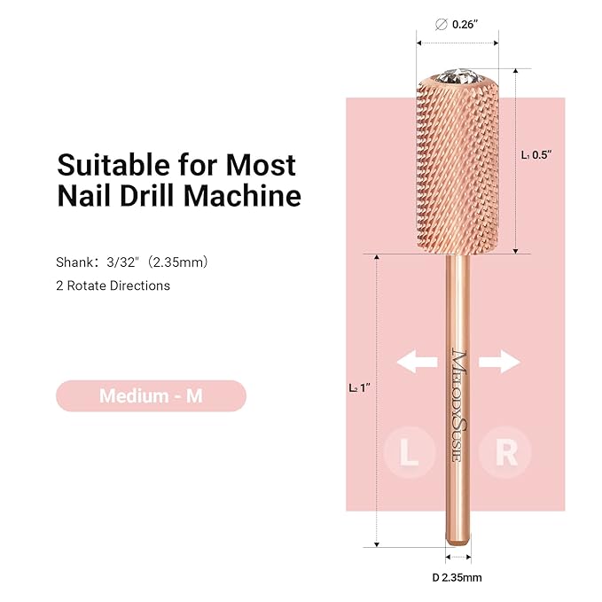 MelodySusie Crystal Top Nail Drill Bits, 3/32'' Large Barrel Carbide Bits, Suitable for Manicure Pedicure Cuticle Gel Polishing, Beginners Bits, Rose Gold, Series Bit-S, Medium