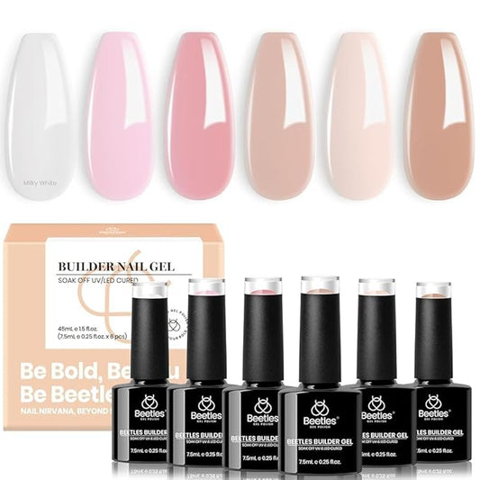 Beetles Builder Gel Set-Sheer Luck 6 Colors 8 in 1 Building Apex Strengthening Thickening Extension DIY Salon at Home for Beginner,Nude Pink Builder Nails Gel,UV & LED Lamp Needed