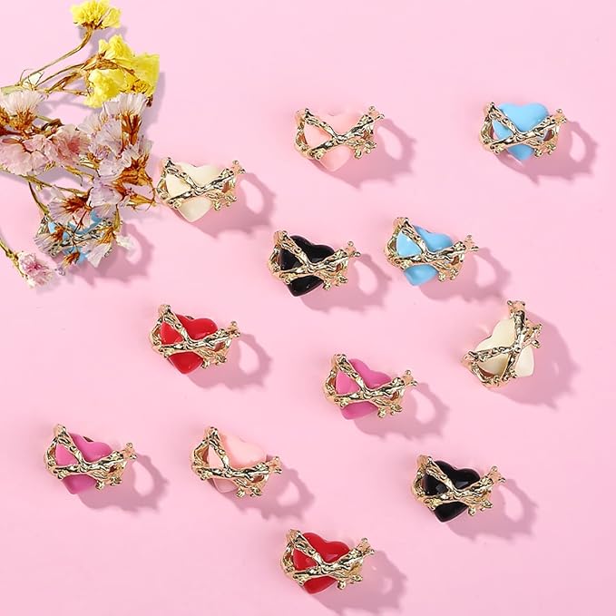 KTAABTR Valentines Nail Charms 12pcs Alloy Heart Nail Art Charms Design Valentines Day Nail Charms Red Pink Black Heart Nail Charms for Women DIY Manicure Valentines Heart Charms Decoration