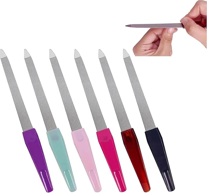 6 Pcs Metal Nail File, Double Sided Grit Fingernails Filers Stainless Steel Natural Diamond Finger Nail Filers Nail Emery Boards Tool Nail Buffers