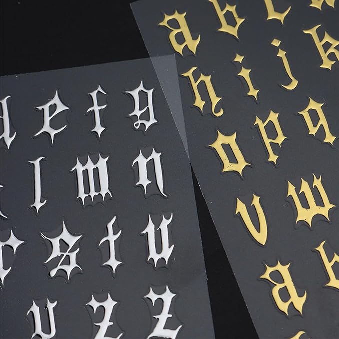 8 Sheets Old English Letters Nail Stickers for Nail Art Personalized Alphabet Nail Art Stickers Decals 3D Self-Adhesive Black White Gold Silver Nails Design Sticker for Women DIY Nail Tips Supplies