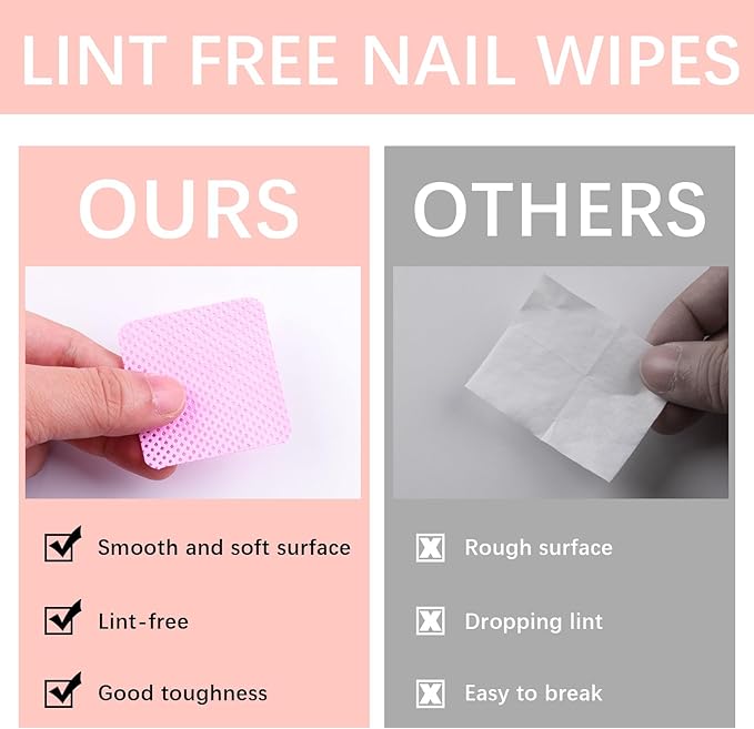 1500Pcs Lint Free Nail Wipes, Pink No Lint Nail Wipes for Gel Nails Lint Free Polish Remover Wipe Eyelash Extensions Glue Nails Cleaning Pads Supplies