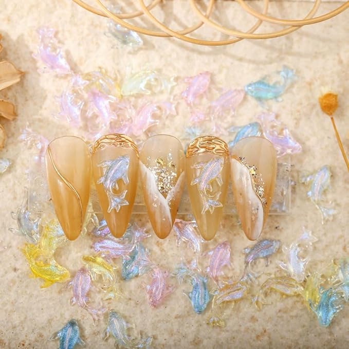 100PCS Beach Nails Charms, Summer Ocean Series 3D Resin Nail Rhinestone Mixed Dolphin Nail Gem for Women Girls Manicure DIY Crafts Accessories