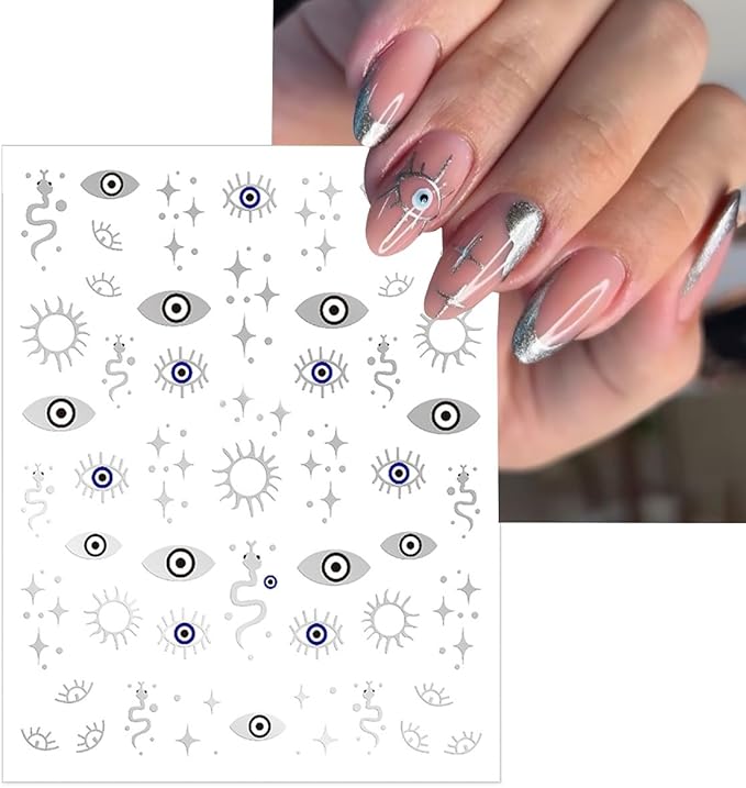 6 Sheets Halloween Eye Nail Art Stickers 3D Self Adhesive Gold Silver Nail Stickers Gothic Eye Nail Decals Star Sun Nail Art Supplies Halloween Holiday Nails Supply for Women DIY Manicure Kit