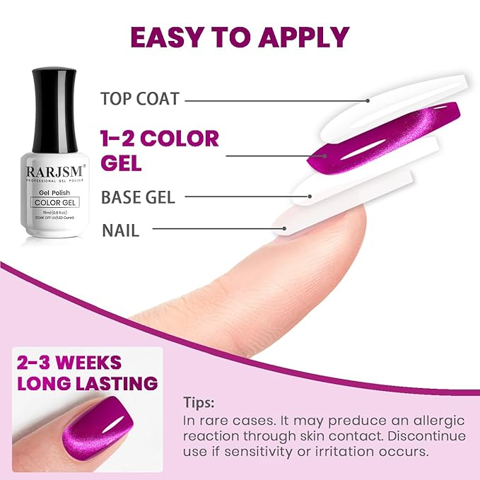 RARJSM Cat Eye Gel Polish Fuchsia Purple Pink 15ml 9D Cateye Silver Glitter Galaxy Universal Velvet Effect Ice Gel Nail Polish with Magnetic Stick UV LED Curing Require Soak Off DIY Home Salon