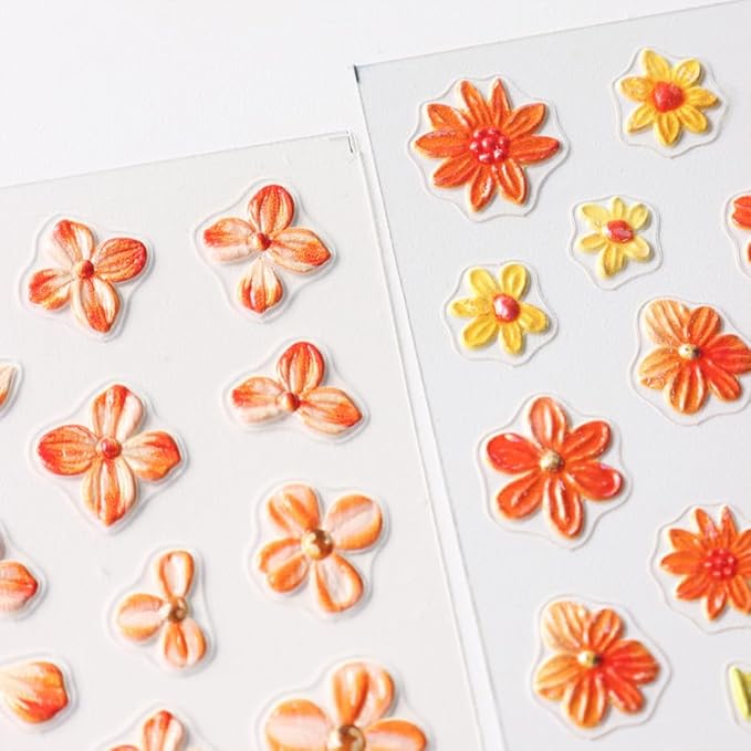 Fall Flowers Nail Art Stickers, Fall Gradient Orange Flower Nail Decals 5d Embossed Small Yellow Flower 2Pcs Nail Art Supplies for Women Nail Decoration