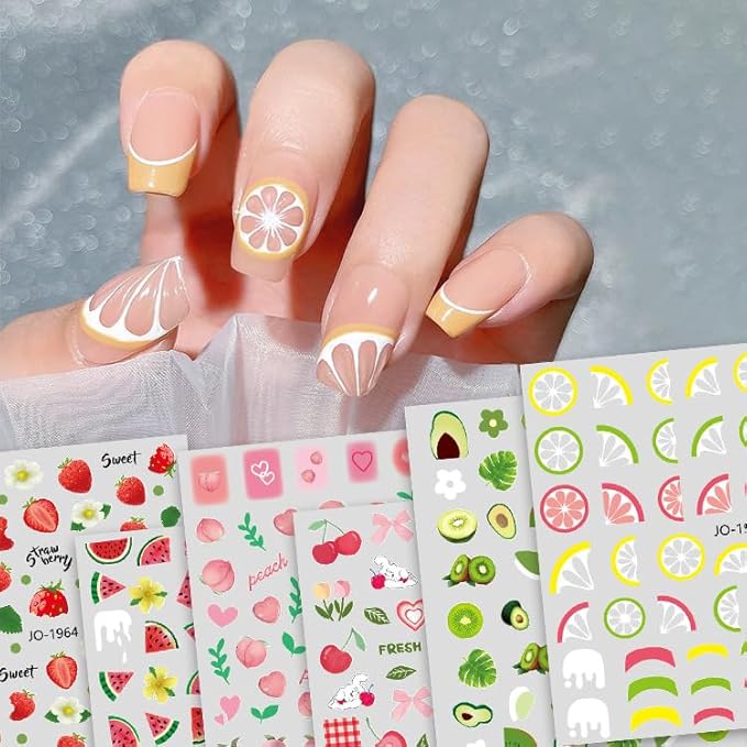 6 Sheets Colorful Fruit Nails Art Stickers Summer Nails Stickers 3D Self Adhesive Fruit Nail Decals Cute Fruits Watermelon Strawberry Cherry Nail Design Nail Art Supplies for Women Nail Decorations