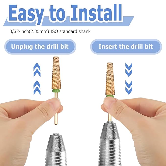 Mesee 4 Pieces Super Long 5 in 1 Nail Drill Bits, 3/32'' Shank Tapered Nail Bits Efile Safety Bits Professional Carbide Tungsten Bits for Nail Manicure Pedicure Cuticle Gel Polishing - Gold ﻿