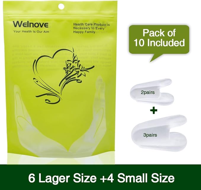 Welnove Toe Separators for Bunions - Gel Overlapping Toe Spacers - Flared Design Silica Gel Toe Straighteners, Bunion Corrector for Pain Relief, Prevent Corns - (6 Pack of Large Size+4 Pack of Small)