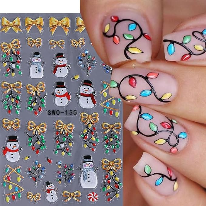 2Pcs Christmas Nail Stickers Christmas Tree Decals for Nail Art Bow Nail Design 5D Embossed Father Christmas Lamp Strip Nails Art Supplies Snowman Pine Tree Nails Accessories for Women DIY Decoration