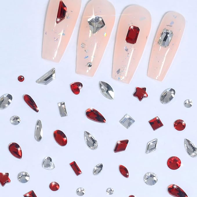 HNUIX Nail Rhinestones for Nails - 3D Multi Shapes, Flat Back, Small Nail Gems, Crystal & Red Nail Diamonds, with Kit, for Nail Art, DIY Decor