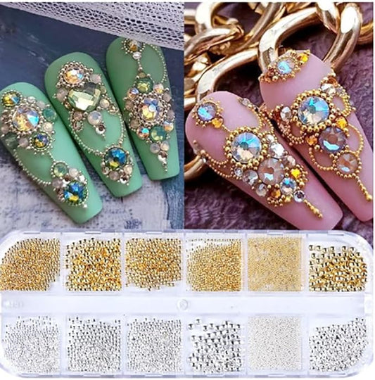 0.8mm Caviar Beads for Nails 6 Sizes Mini Small Stainless Steel Nails Art Decorations Gun Grey Beads DIY Tool Flatback Studs Accessories Gold Charms for Nails Small Gems Variety Pack (Copper)