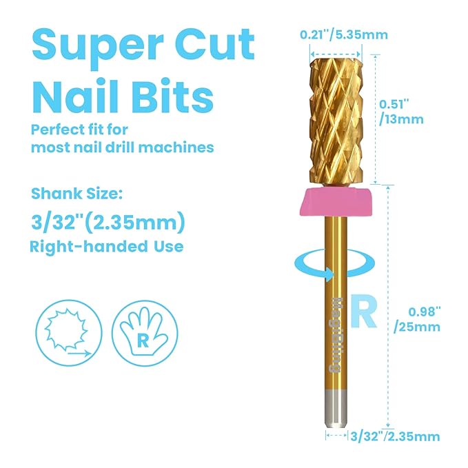 3/32'' Super Cut Nail Drill Bits for Fast Hard Gel Removal, MagiBling Tungsten Carbide Bits for Professional Users, Upward Deep Cut, Right Hand Use, Manicure Cuticle Gel Polishing, Triple Coarse.