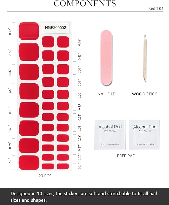 Semi Cured Gel Toenail Strips (Red T04), 32 Pcs Gel Pedi Stickers, Wraps, UV Light Required, Salon Quality, Long Lasting