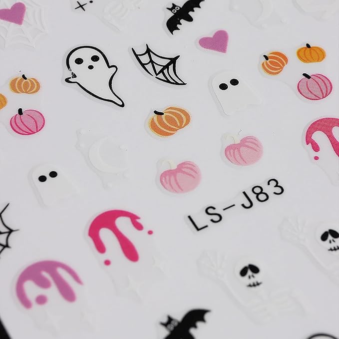 Halloween Nail Art Stickers Cute Ghost Pumpkin 3D Self-Adhesive Nail Decals Bat Cat Skull Designs Nail Decorations Halloween DIY Manicure Supplies for Women Girls&Kids 6Pcs