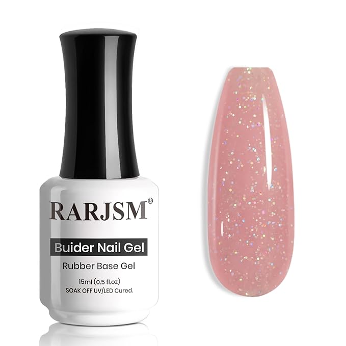 RARJSM Glitter Rubber Base Gel Nail Polish Nude Berry Pink Rubber Base Rainbow Iridescent Shimmer Brush on Quick Extend Builder Hard Gel Soak Off Curing Requires 15ml Salon Home French Manicure