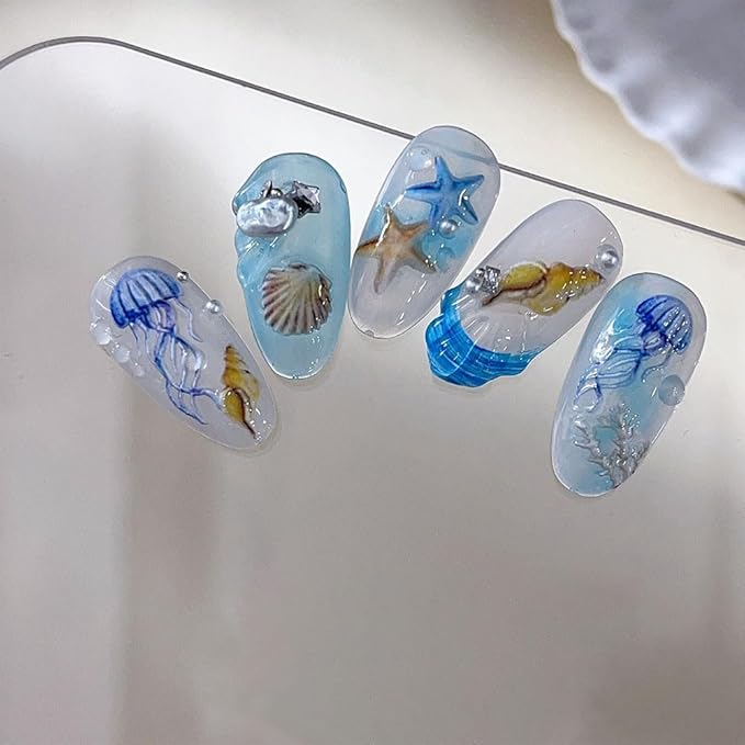 4 Sheets Ocean Life Nail Art Stickers, 5D Embossed Self-Adhesive Starfish and Shell Nail Stickers Summer Sea Theme Design for Women Girls DIY Nail Salons Manicure Decoration