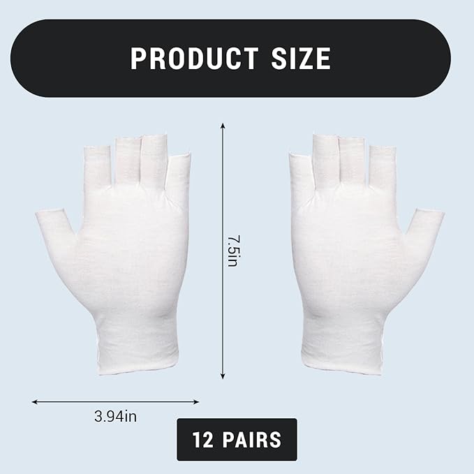 12 Pairs Black Cotton Fingerless Gloves Moisturizing Night, Uv Sun Protection Gloves for Driving (White)